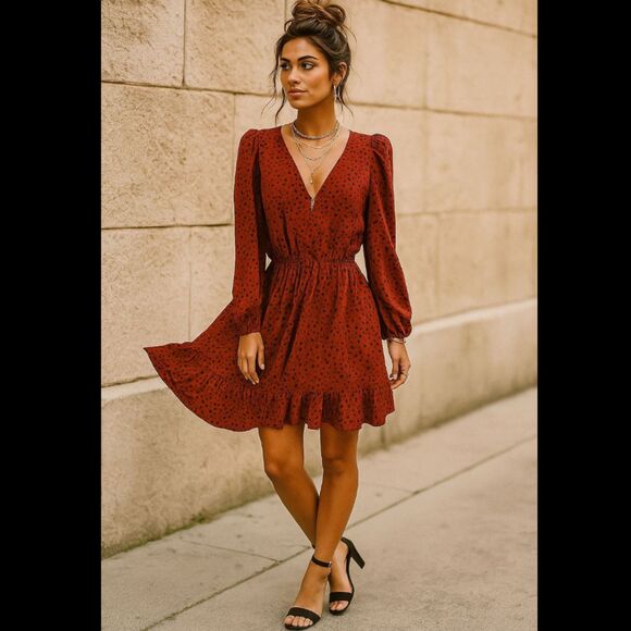 ZARA Red Black Dot Mini Dress Size S Puff Sleeve Ruffle Hem Boho Grunge V-Neck - Picture 1 of 9